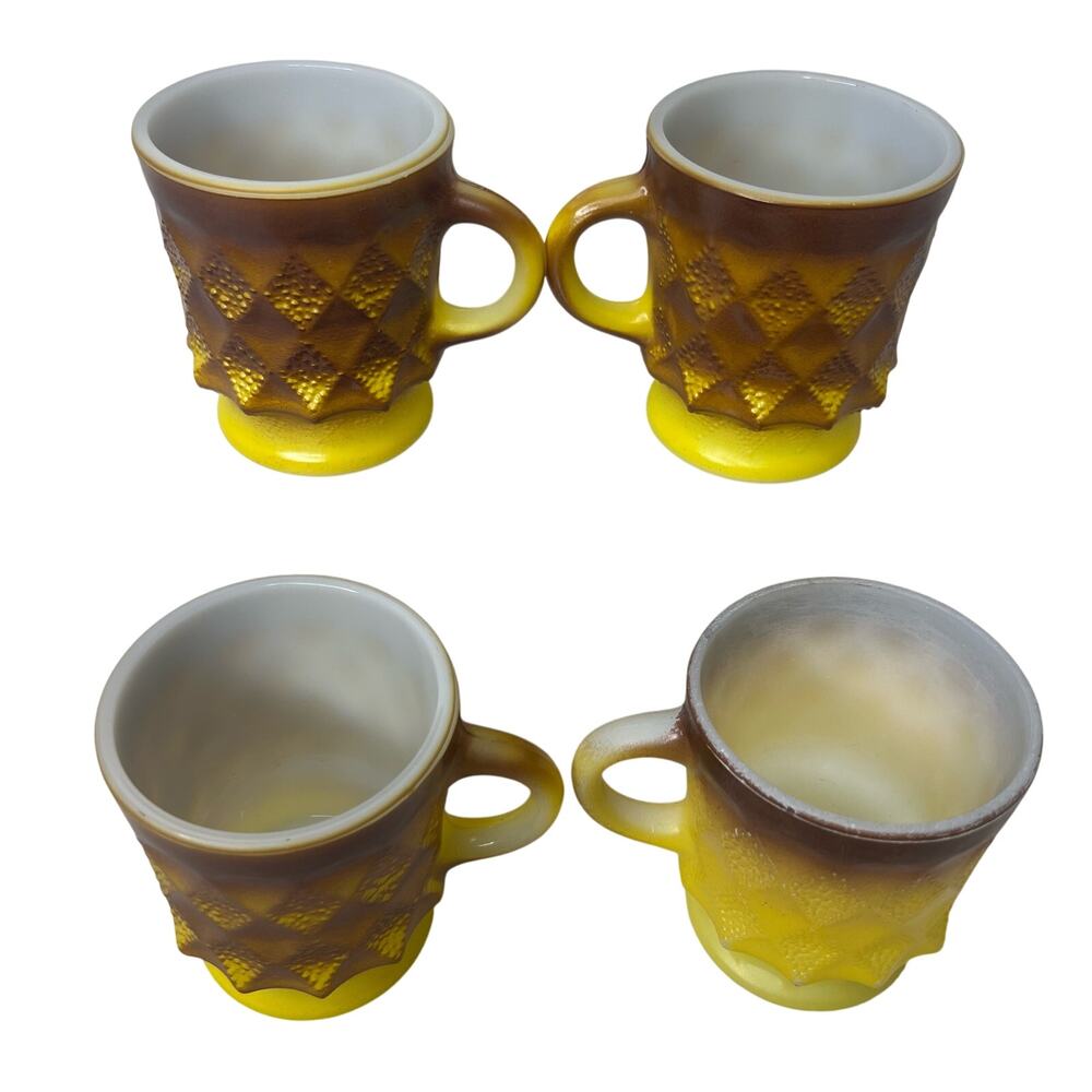 Vintage 70s Fire King Anchor Hocking Set 4 Yellow Brown Ombre Cups Mugs Coffee - Picture 5 of 11
